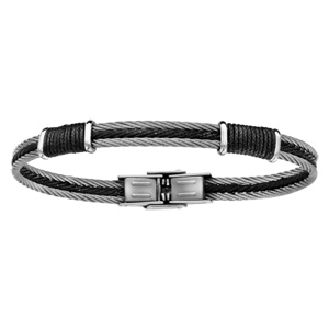 Bracelet en acier 3 cbles 2 gris et 1 noir au milieu et entours  2 endroits de cbles noirs plus petits - longueur 20cm - Vue 1