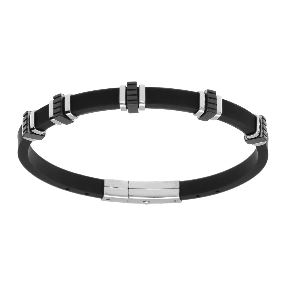 Bracelet en acier caoutchouc noir  - 21.5cm r�glable  20cm et 18.5cm - Vue 1