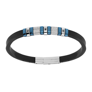 Bracelet en acier caoutchouc noir PVD bleu  trois oxydes noirs - 21.5cm r�glable  20cm et 18.5cm