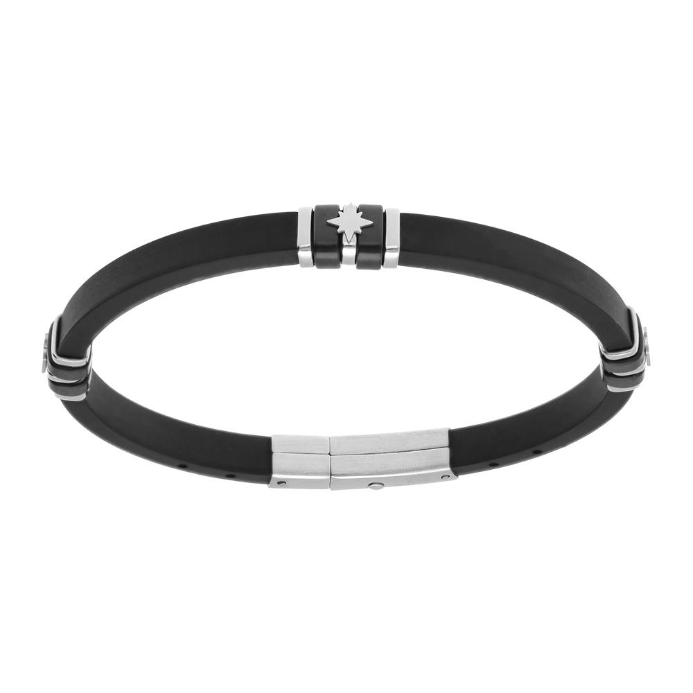 Bracelet en acier caoutchouc noir PVD noir trois  motifs etoiles - 21.5cm r�glable  20cm et 18.5cm - Vue 1