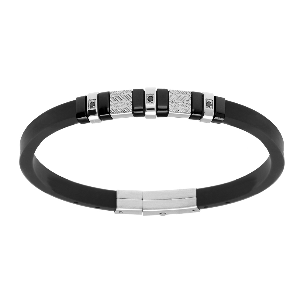 Bracelet en acier caoutchouc noir PVD noir trois oxydes noirs - 21.5cm r�glable  20cm et 18.5cm - Vue 1
