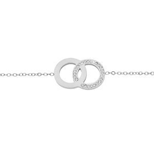 Bracelet en acier chaine avec 2 cercles entrelacs 1 lisse et 1 avec oxydes blancs 16+3cm - Vue 1