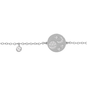 Bracelet en acier chane avec mdaille motifs lune et toiles avec strass et pampille oxyde 16+3cm - Vue 1