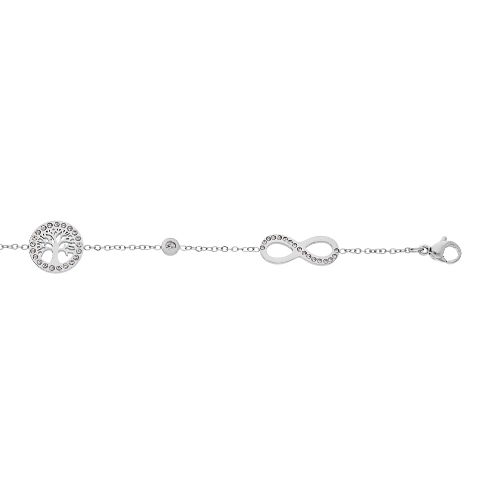 Bracelet en acier cha�ne avec symbole infini, arbre de vie et oxydes blancs sertis 16.5+3cm - Vue 1