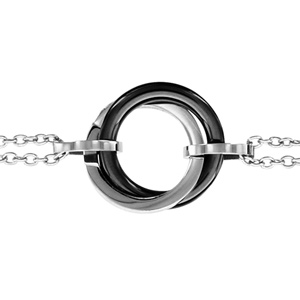 Bracelet en acier chaîne maille forçat doublée avec 2 anneaux au milieu, 1 lisse et l\'autre en céramique noire - longueur 16cm + 3cm de rallonge - Vue 1