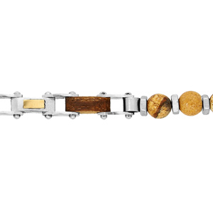 Bracelet en acier chane moto avec boules de bois clair naturel - 18+3cm - Vue 1
