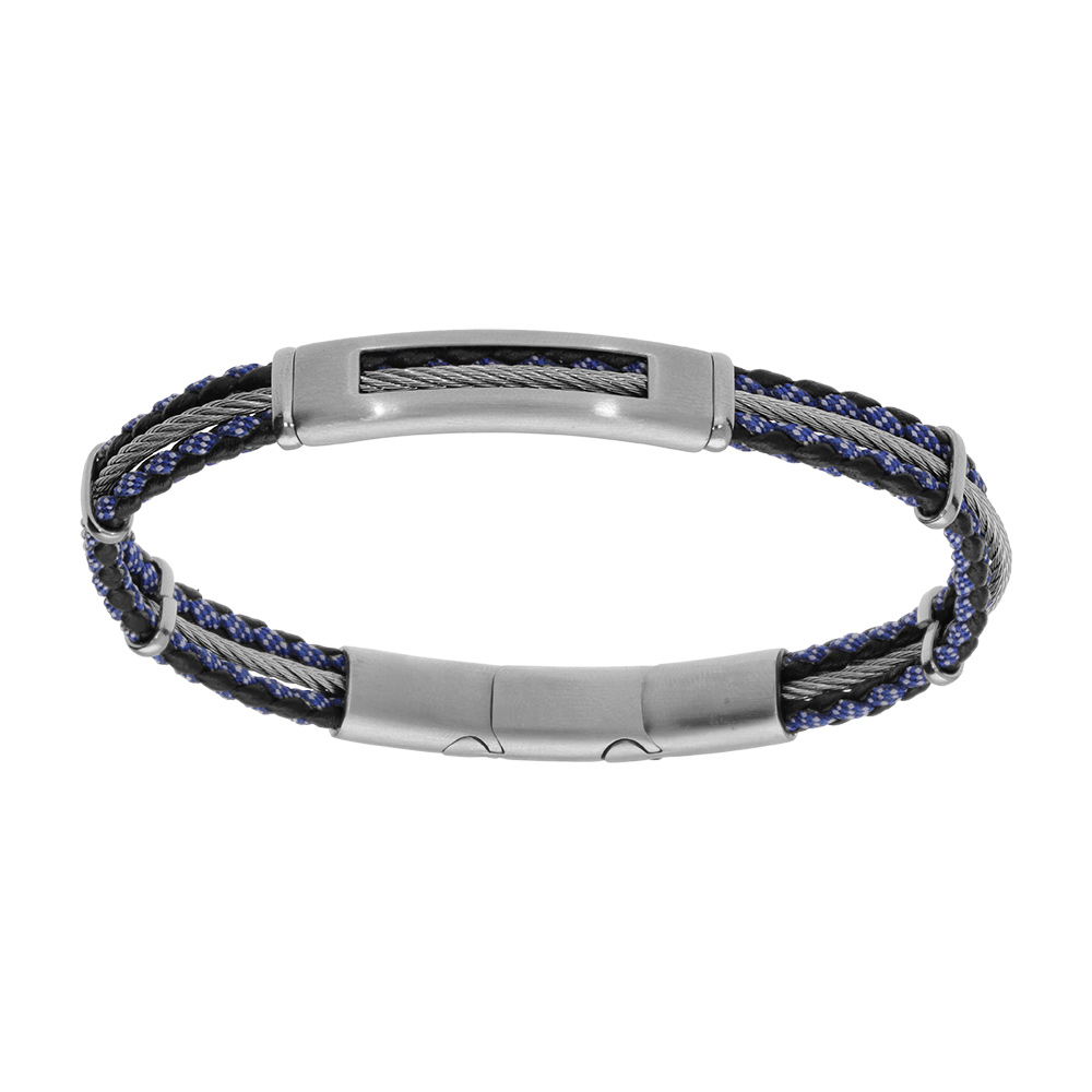 Bracelet en acier cordon bleu et noir avect c�ble gris longueur 20+1cm double fermoir - Vue 1