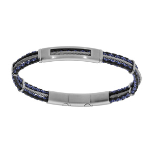 Bracelet en acier cordon bleu et noir avect cble gris longueur 20+1cm double fermoir - Vue 1