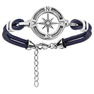 Bracelet en acier cordon bleu marine doublé avec rose des vents au milieu d\'un anneau orné d\'1 câble - longueur 19cm + 3cm de rallonge - Vue 1