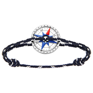 Bracelet en acier cordon coulissant bleu marine et blanc avec rose des vents sur fond blanc - Vue 1
