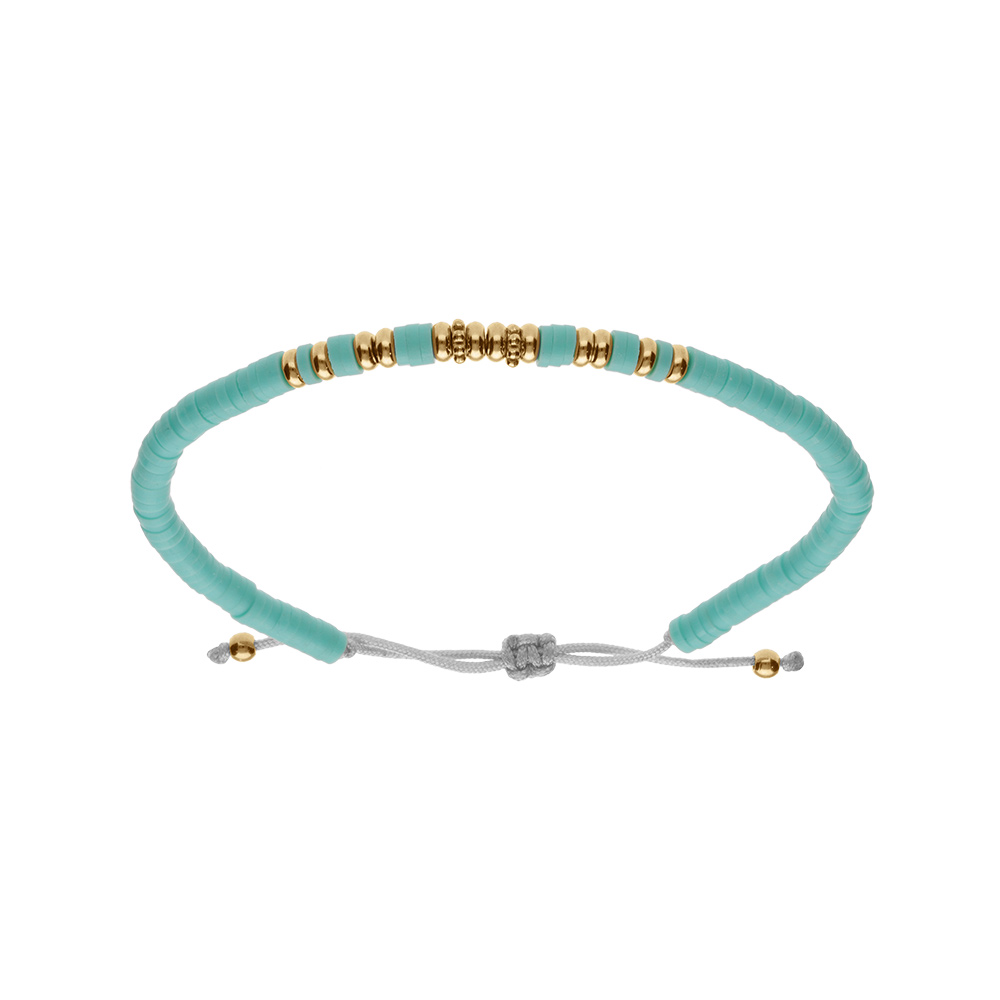 Bracelet en acier cordon coulissant rondelles turquoise imitation et boules PVD dor� - Vue 1