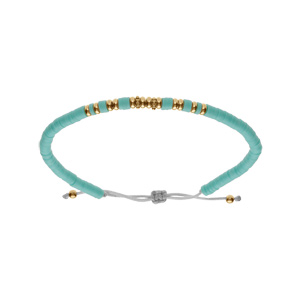 Bracelet en acier cordon coulissant rondelles turquoise imitation et boules PVD dor - Vue 1