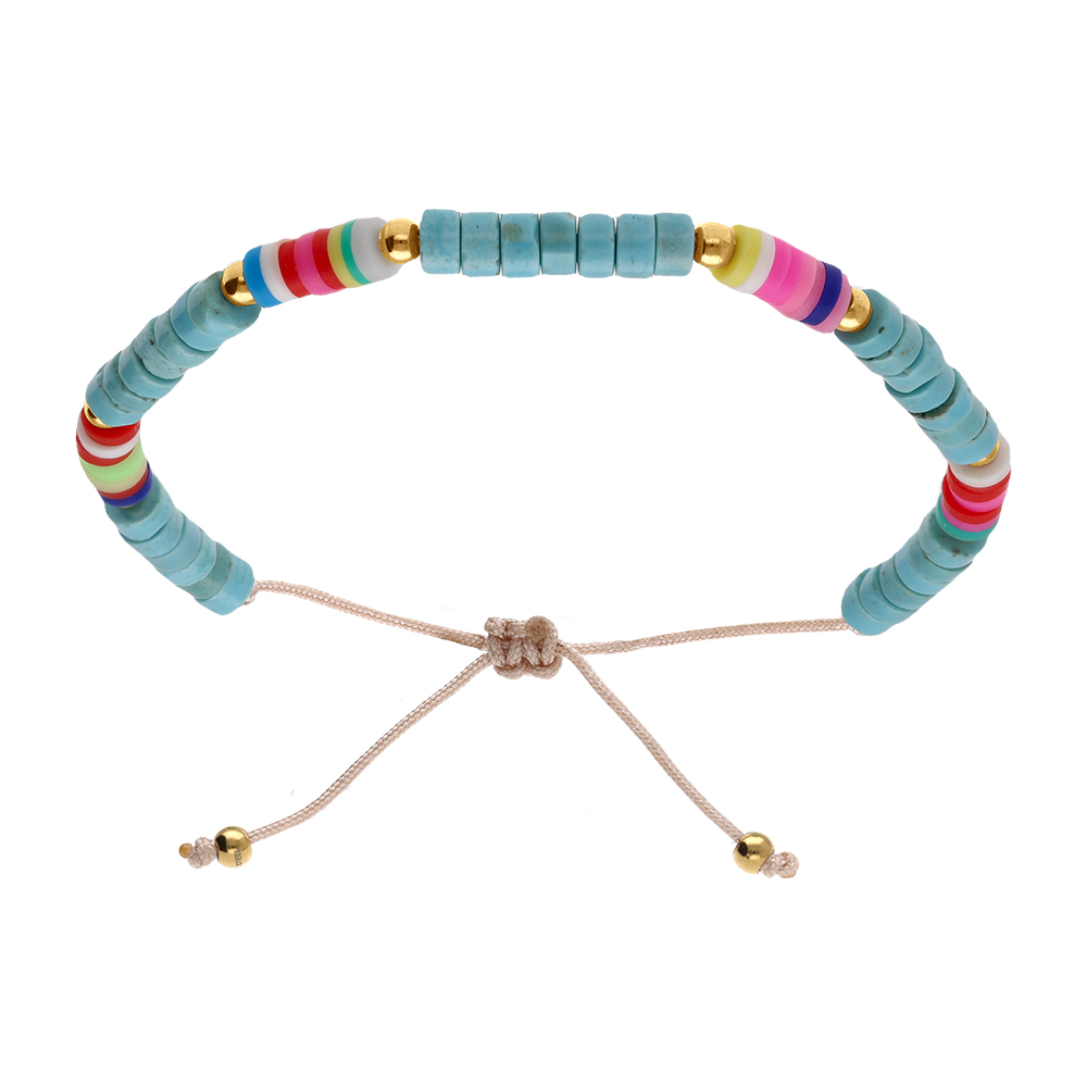 Bracelet en acier cordon coulissant rondelles turquoise imitation et caoutchouc color�s - Vue 1
