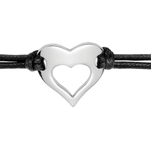 Bracelet en acier cordon doubl en coton noir avec 1 coeur vid lisse au milieu - longueur 17cm + 2cm de rallonge - Vue 1