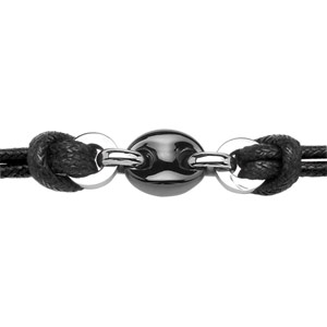 Bracelet en acier cordon doubl en coton noir avec 1 grain de caf en cramique noire au milieu - longueur 17cm + 2cm de rallonge - Vue 1