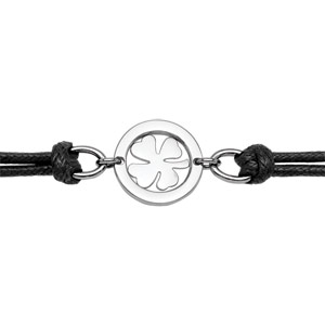 Bracelet en acier cordon doubl en coton noir avec 1 trfle  4 feuilles dans un cercle vid au milieu - longueur 17cm + 2cm de rallonge - Vue 1