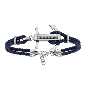 Bracelet en acier cordon en cuir bleu doubl avec ancre marine orne d\'un cble gris au milieu - longueur 19cm + 3cm de rallonge - Vue 1
