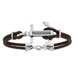 Bracelet en acier cordon en cuir marron doublé avec ancre marine ornée d\'un câble gris au milieu - longueur 19cm + 3cm de rallonge - Vue 1