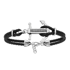 Bracelet en acier cordon en cuir noir doubl avec ancre marine orne d\'un cble gris au milieu - longueur 19cm + 3cm de rallonge - Vue 1