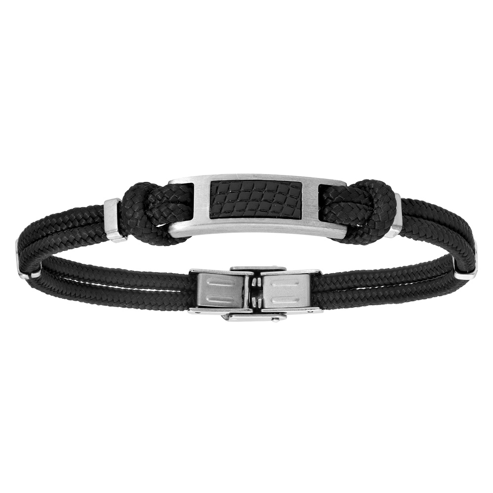 Bracelet en acier cordon noir en coton avec effet cuir sur le dessus r�glable 21cm - Vue 1