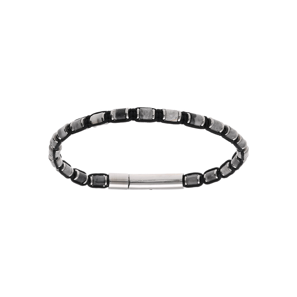 Bracelet en acier cordon noir et agate noire v�ritable tube pierres blanches 20cm - Vue 1