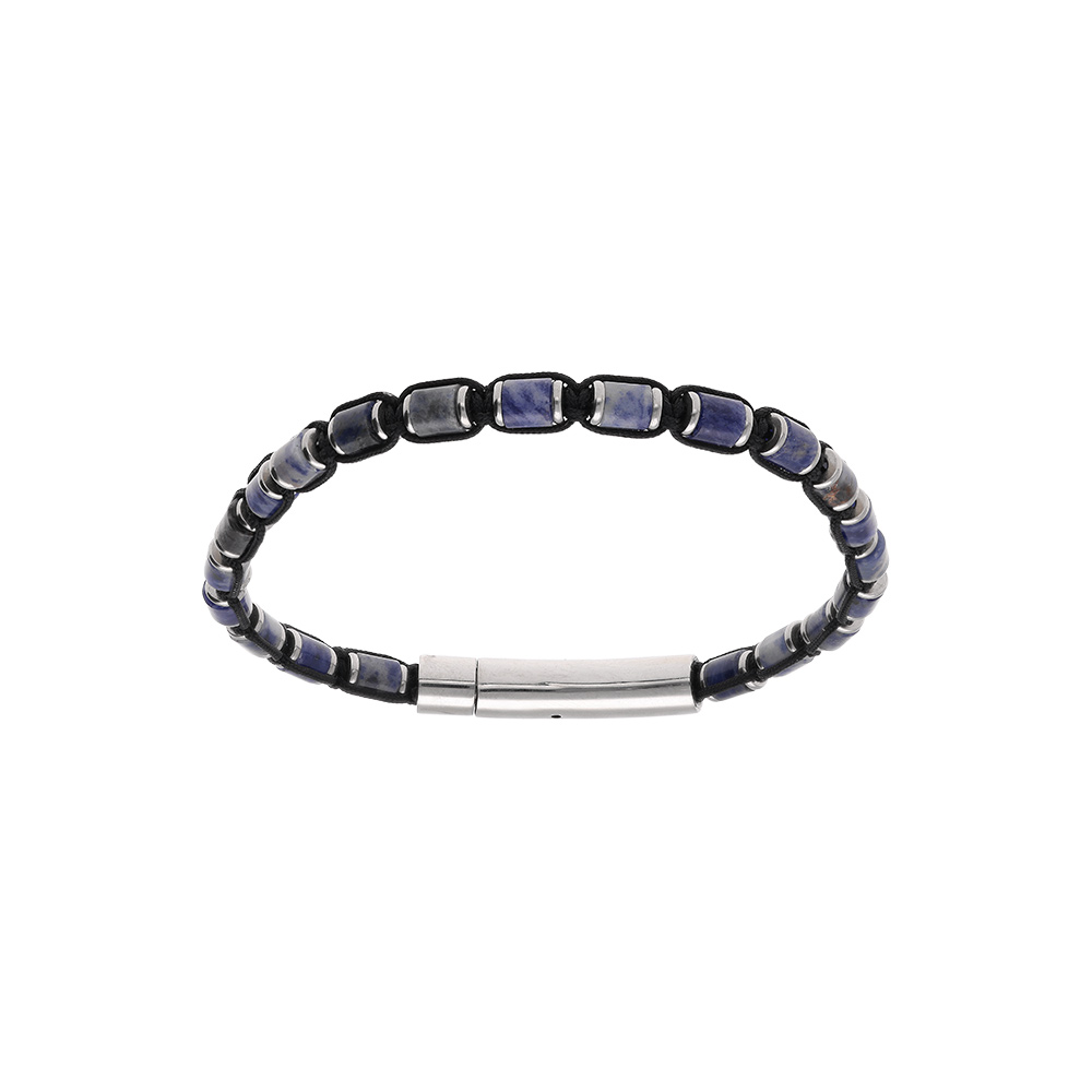 Bracelet en acier cordon noir et sodalite v�ritable bleue 20cm - Vue 1