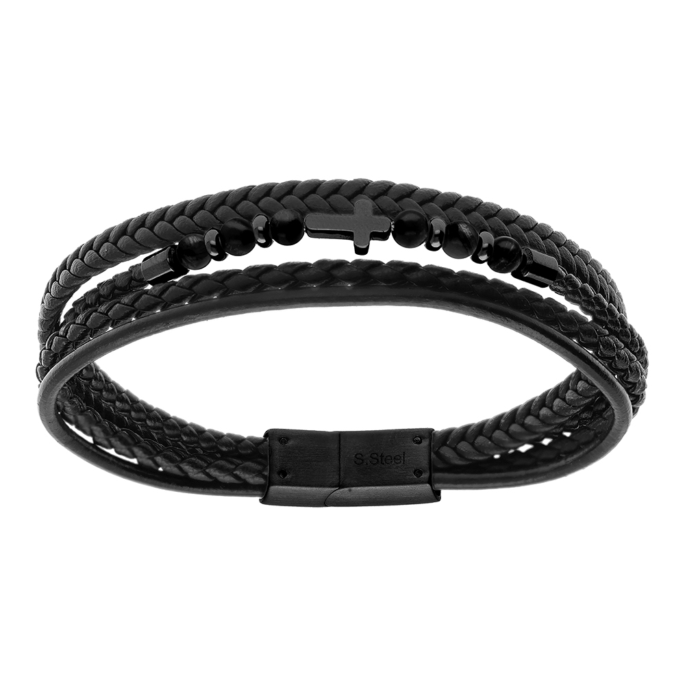 Bracelet en acier cuir bovin et noir multi rangs agate noire - 21cm - Vue 1