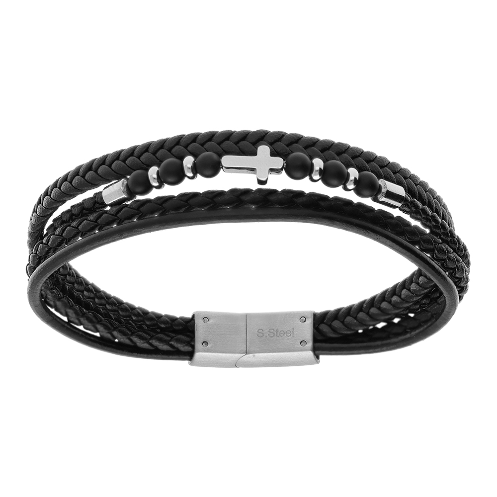 Bracelet en acier cuir bovin et noir multi rangs avec croix - 21cm - Vue 1
