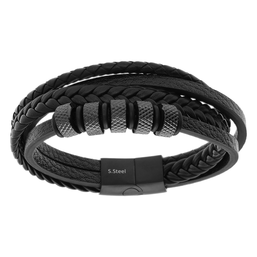 Bracelet en acier cuir bovin noir multi rangs - 21cm - Vue 1