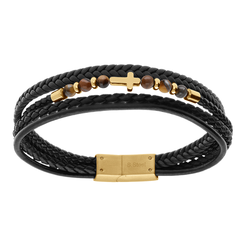 Bracelet en acier cuir bovin noir multi rangs oeil de tigre - 21cm - Vue 1