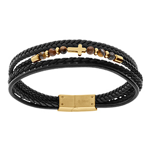 Bracelet en acier cuir bovin noir multi rangs oeil de tigre - 21cm Bracelet en acier cuir bovin noir multi rangs oeil de tigre - 21cm