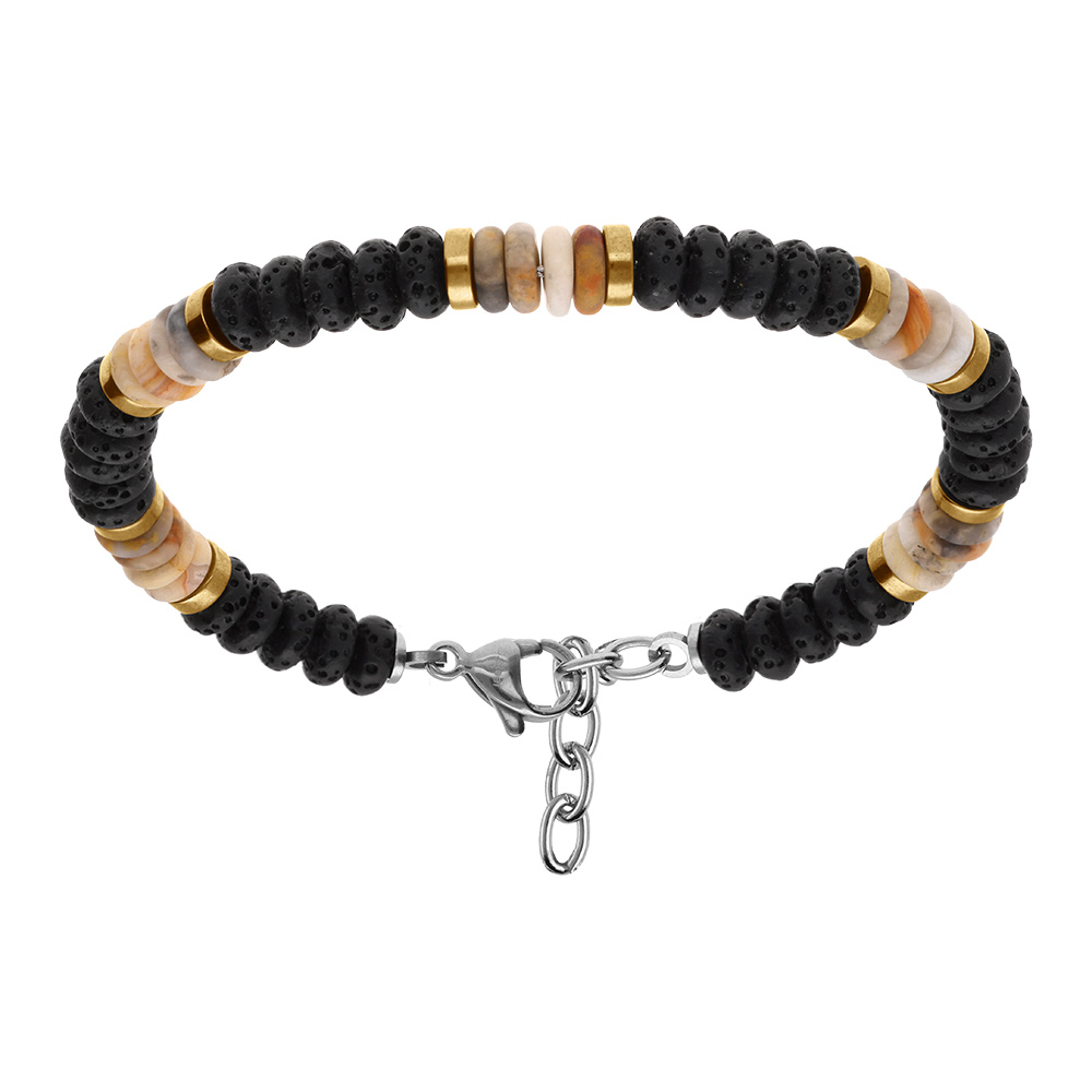 Bracelet en acier de boules de pierre de lave et de rondelles agate et dor� - 19+3cm - Vue 1