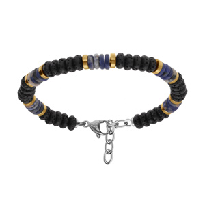 Bracelet en acier de boules de pierre de lave et de rondelles sodalite et doré - 19+3cm - Vue 1