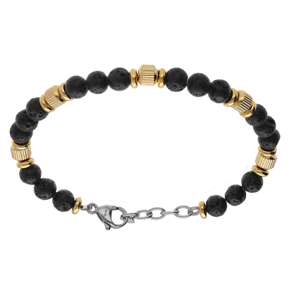 Bracelet en acier de boules pierre de lave et dor� jaune - 19+3cm - Vue 1