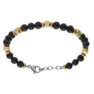 Bracelet en acier de boules pierre de lave et doré jaune - 19+3cm - Vue 1