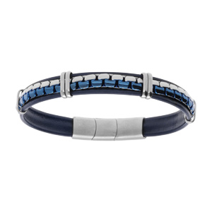 Bracelet en acier de cuir bovin bleu chaîne acier et bleue - 19.5cm + 1cm double fermoir - Vue 1