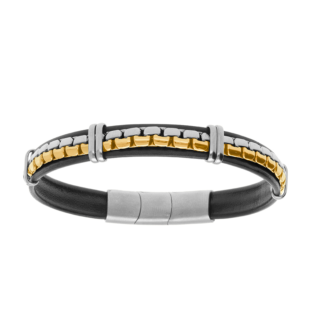 Bracelet en acier de cuir bovin noir cha�ne acier et dor� jaune - 19.5cm + 1cm double fermoir - Vue 1