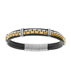 Bracelet en acier de cuir bovin noir chaîne acier et doré jaune - 19.5cm + 1cm double fermoir - Vue 1