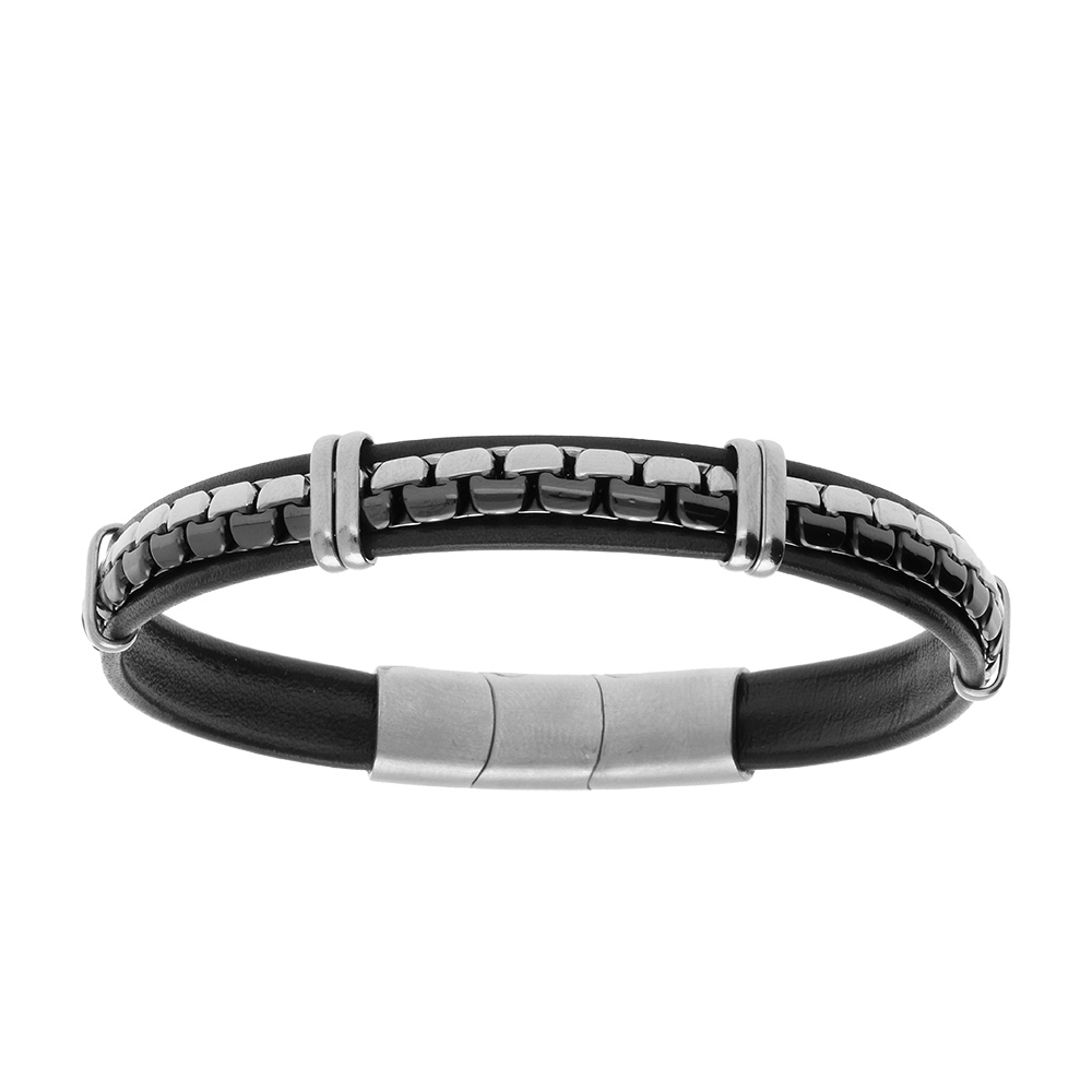 Bracelet en acier de cuir bovin noir cha�ne acier et PVD noir - 19.5cm + 1cm double fermoir - Vue 1