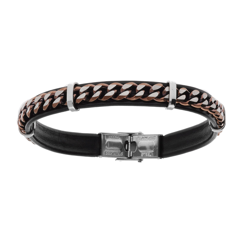 Bracelet en acier de cuir bovin noir cha�ne acier PVD marron - 20.5cm - Vue 1