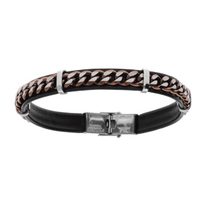 Bracelet en acier de cuir bovin noir chaîne acier PVD marron - 20.5cm - Vue 1