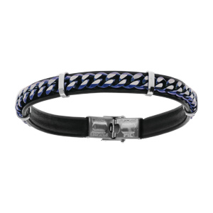 Bracelet en acier de cuir bovin noir chaîne PVD bleu - 20.5cm - Vue 1