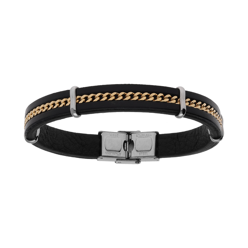 Bracelet en acier de cuir bovin noir cha�nette dor� - 20.5cm - Vue 1
