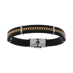 Bracelet en acier de cuir bovin noir chaînette doré - 20.5cm - Vue 1
