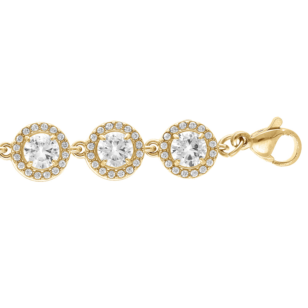 Bracelet en acier dor� 15  oxydes blancs ronds sertis avec contour d\'oxydes blancs sertis  -16+3cm - Vue 1