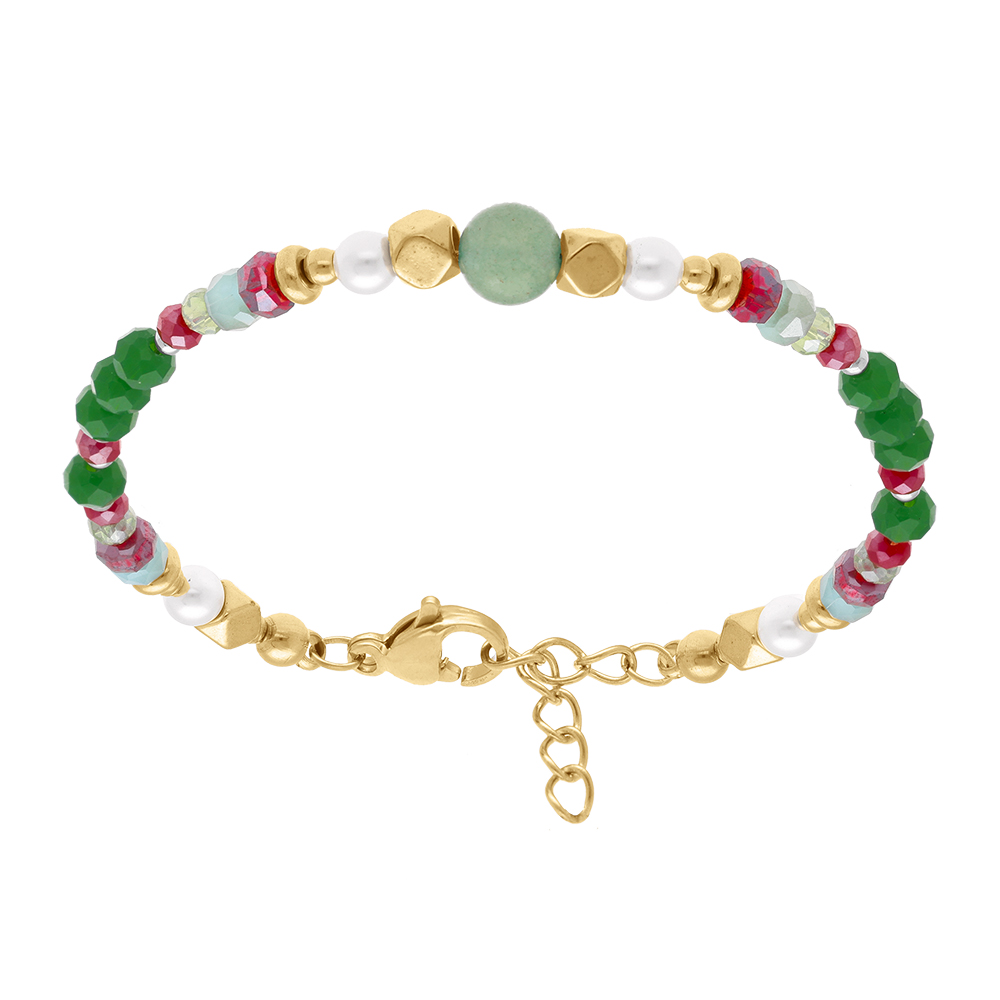 Bracelet en acier dor� avec boules 4mm verre facet� perles imitation et aventurine 6mm v�ritable -16.5+3cm - Vue 1