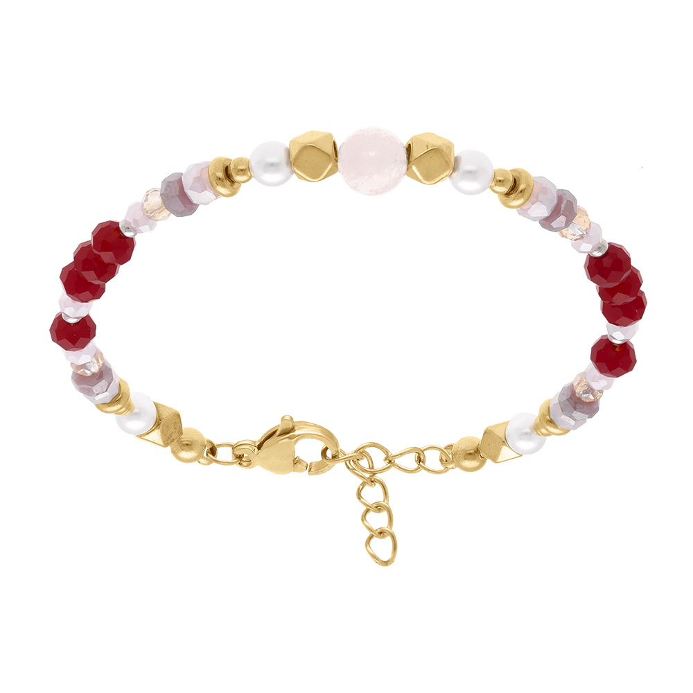 Bracelet en acier dor� avec boules 4mm verre facet� perles imitation et quartz 6mm v�ritable - 16.5+3cm - Vue 1