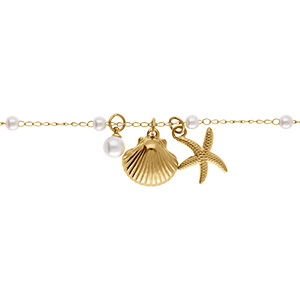 Bracelet en acier dor� avec coquillage, etoile de mer et perles blanches imitation -16+5.5cm