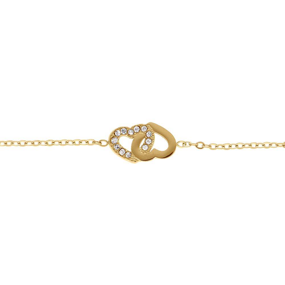 Bracelet en acier dor� avec double coeur entrelac� un lisse et un avec contour d\'oxydes blancs - 16+3cm - Vue 1