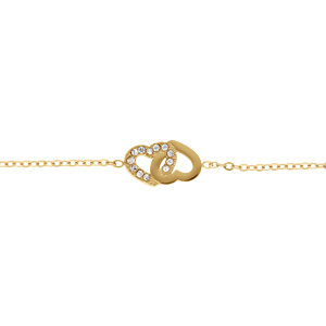 Bracelet en acier doré avec double coeur entrelacé un lisse et un avec contour d\'oxydes blancs - 16+3cm - Vue 1